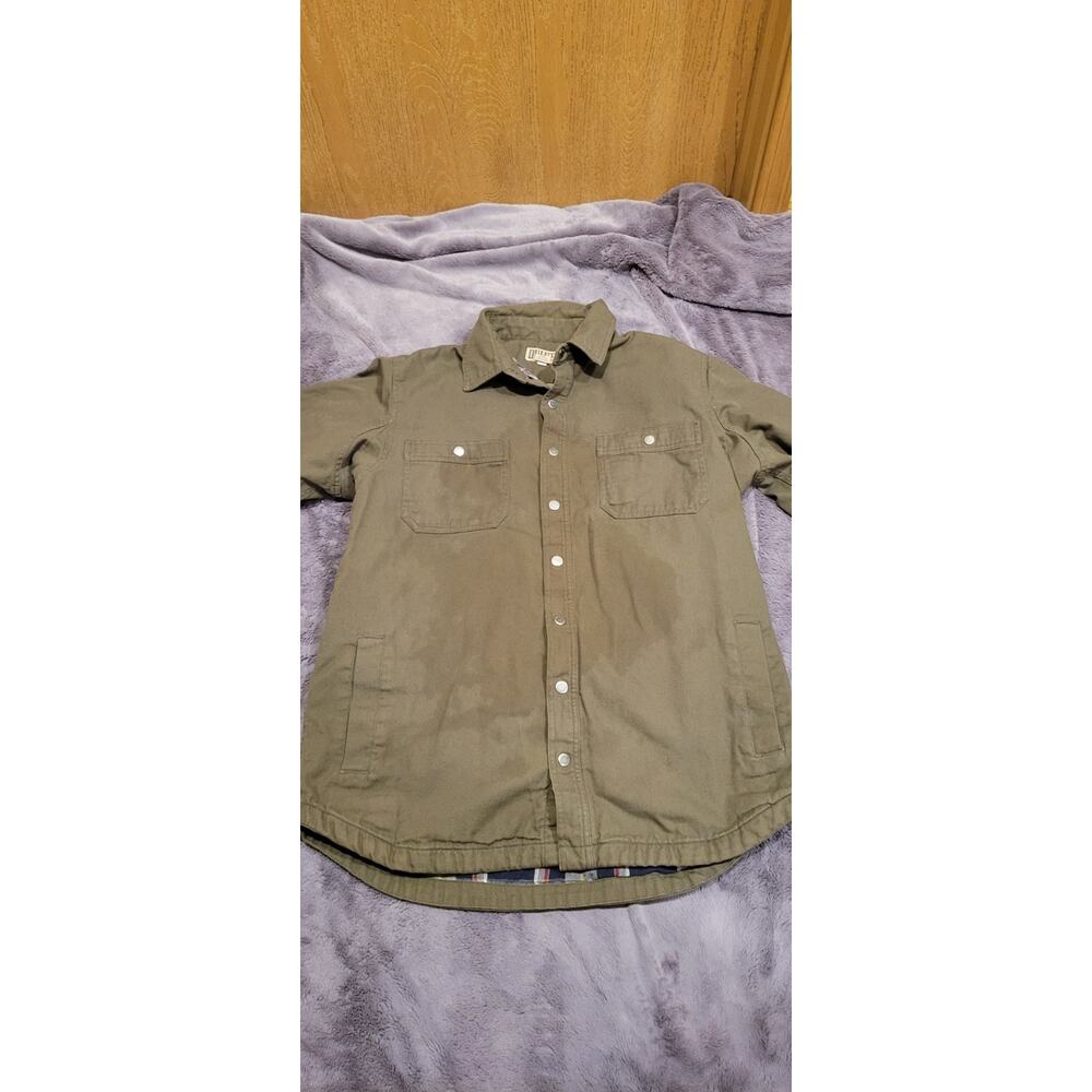 Duluth Trading Co Flannel Lined Canvas Shirt Jacket Men's LT Green Chore Jacket